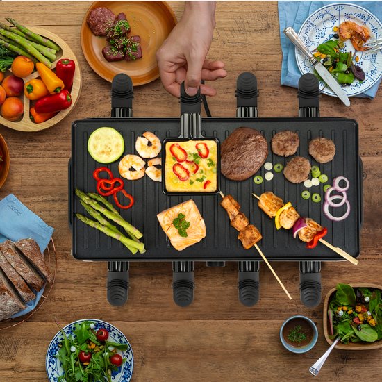 Bourgini Gourmet Raclette Pure - Gourmet-Set mit wendbarer Grill- und Backplatte - Raclette 8 Personen - 21x42 cm - PFAS-freie Beschichtung - Einstellbarer Thermostat - inkl. 8 Spachteln und Pfännchen