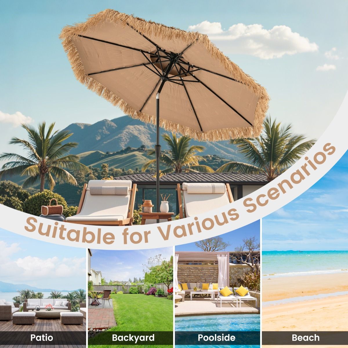 Coast Hawaiian Wicker Tiki Parasol 267x247 cm - Natürlicher Terrassen-Sonnenschirm mit Kurbel, Kippmechanismus & 8 stabilen Ballen