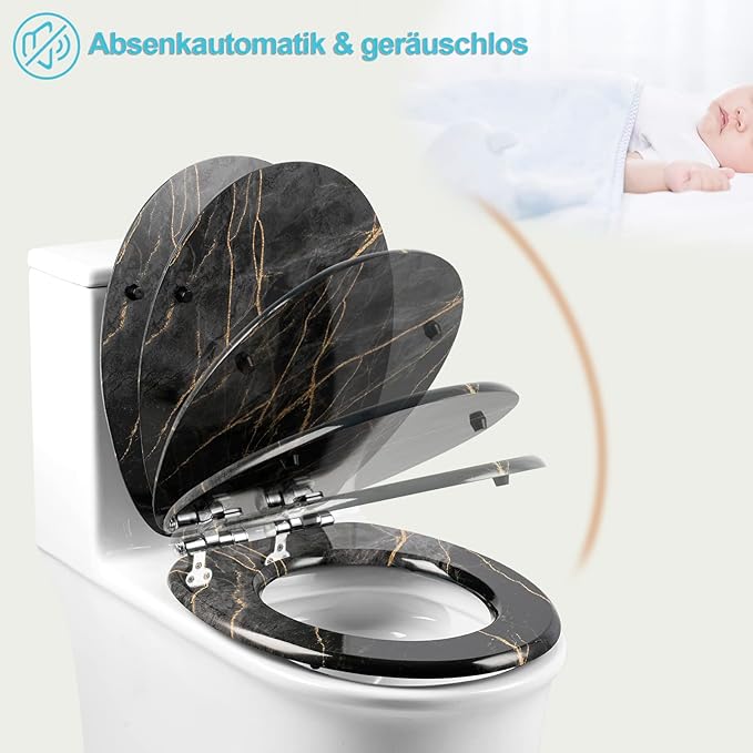 eSituro Toilettensitz mit Softclose-Mechanismus, universell einsetzbar – ausgestattet mit Schnellverschlusssystem, rutschfesten Polstern und dreiseitigem Transferdruck – für Toilette und Badezimmer – Mehrfarbiges MDF und Edelstahlscharniere – 375 x 440 mm