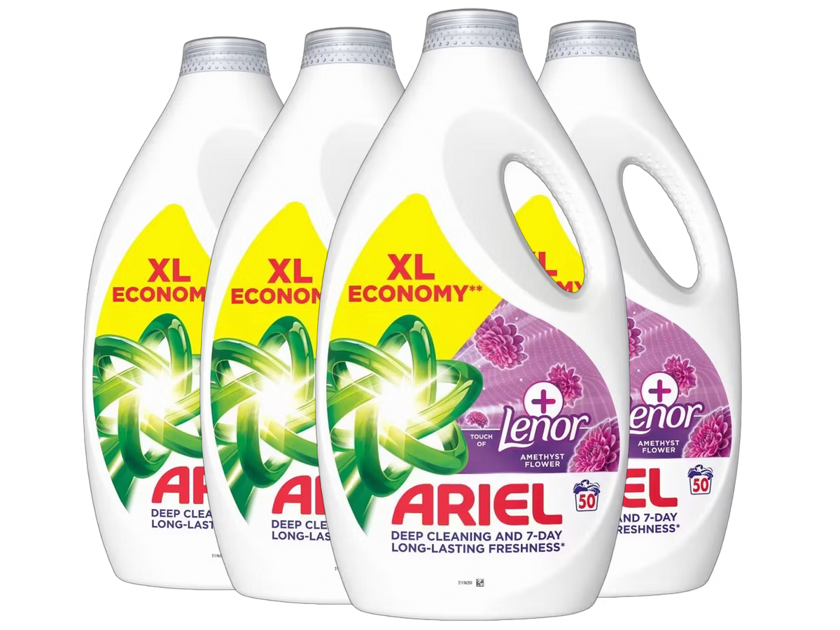 Ariel Flüssigwaschmittel + Lenor Amethyst Flower – 4 x 2,25 l – 200 Waschgänge – Bis zu 7 Tage Frische