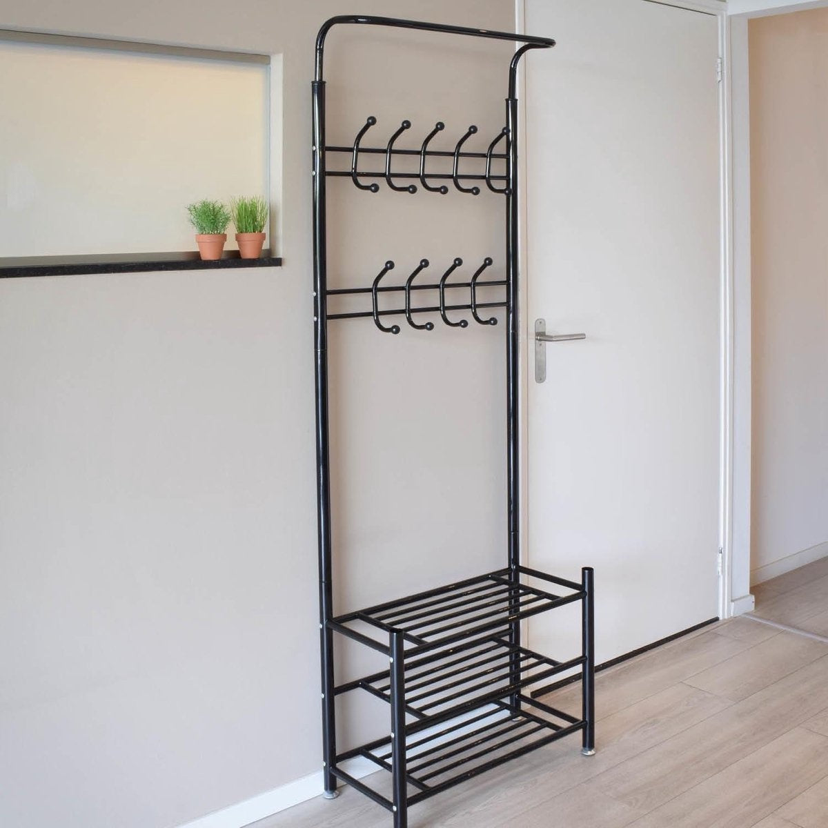 O'DADDYÂ¬Ã† Garderobenständer stehend - Garderobe mit Schuhablage - 18 Haken 2 Lagen Schuhablage 6 Paar - Garderobenständer Metall - 66 x 30 x 190 cm - schwarz