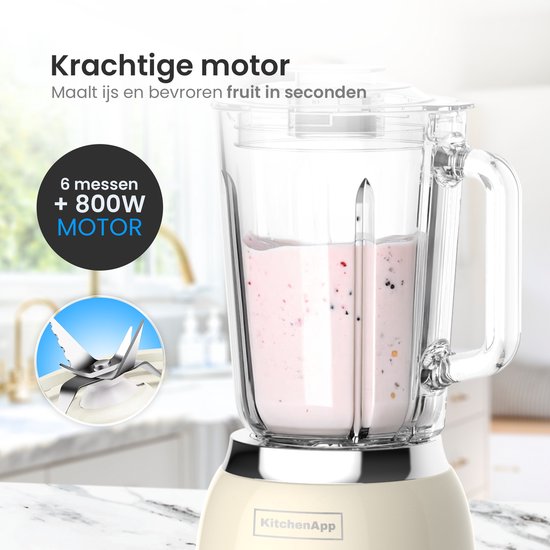 KitchenApp Retro Blender 1.5L - Glaskrug - 800W - Crushed Ice, Smoothie & Pulse - Beige