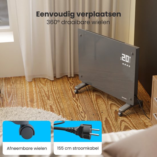 Auronic Elektroheizung - Konvektorheizung mit Thermostat und Fernbedienung - Glasheizkörper - 1500W Heizleistung - Grau