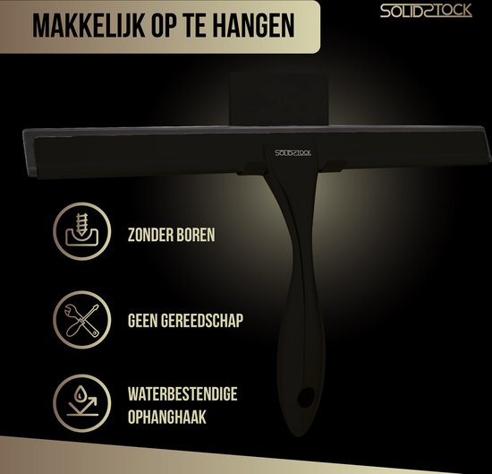 Duschabzieher Schwarz Edelstahl - Deluxe Duschabzieher - Hängehaken ohne Bohren - Duschabzieher Schwarz