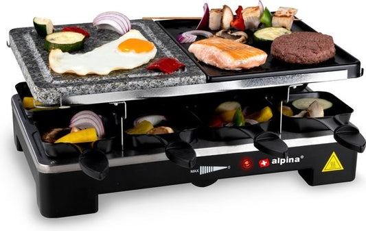 alpina - Gourmet Set Backplatte - 8 Personen - Inkl. Spatel und Raclette-Pfännchen - Schwarz