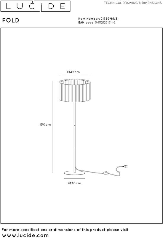 Lucide FOLD – Stehlampe – Ø 45 cm – 1xE27 – Weiß – Japandi