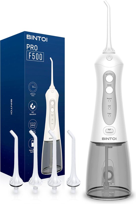 Bintoi® iSonic F500 - Wasserflosser - Professionelle Munddusche - Zahnseide für Zahnspangen - Flosser - 3 Stufen und 4 Aufsätze - IPX7 Wasserdicht - Inkl. Reisetasche Geschenk