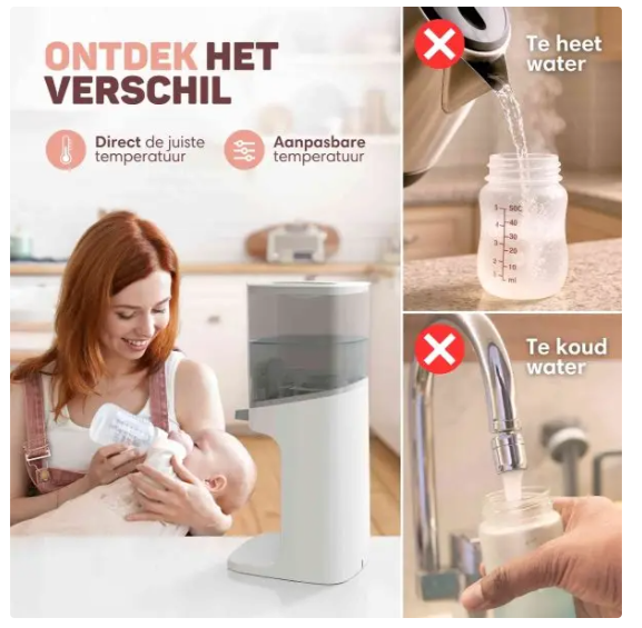 Vulpes Goods® Baby-Wasserspender Pro - 1,6 Liter - Mit 3 Temperatureinstellungen und LED-Anzeige - Einhandbedienung - Für Flaschennahrung und Tee - Weiß/Hellgrau
