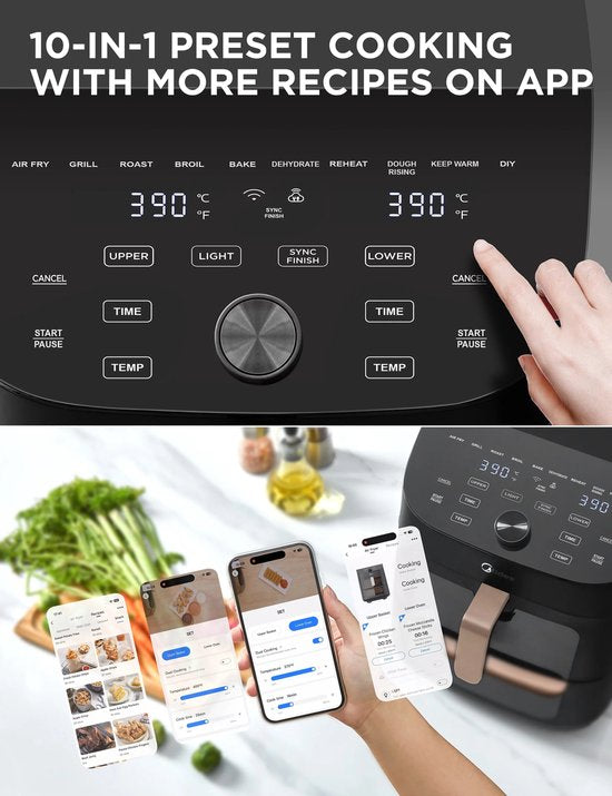 Heißluftfritteuse MF-CY110A – Heißluftfritteuse – doppelstöckig – überlappende Heißluftfritteuse – intelligente WLAN-Synchronisierung mit Alexa - 11 l XL, vertikales, platzsparendes Design – 10-in-1-Korb-Grillpfanne – geeignet für 3 bis 8 Personen – 2400