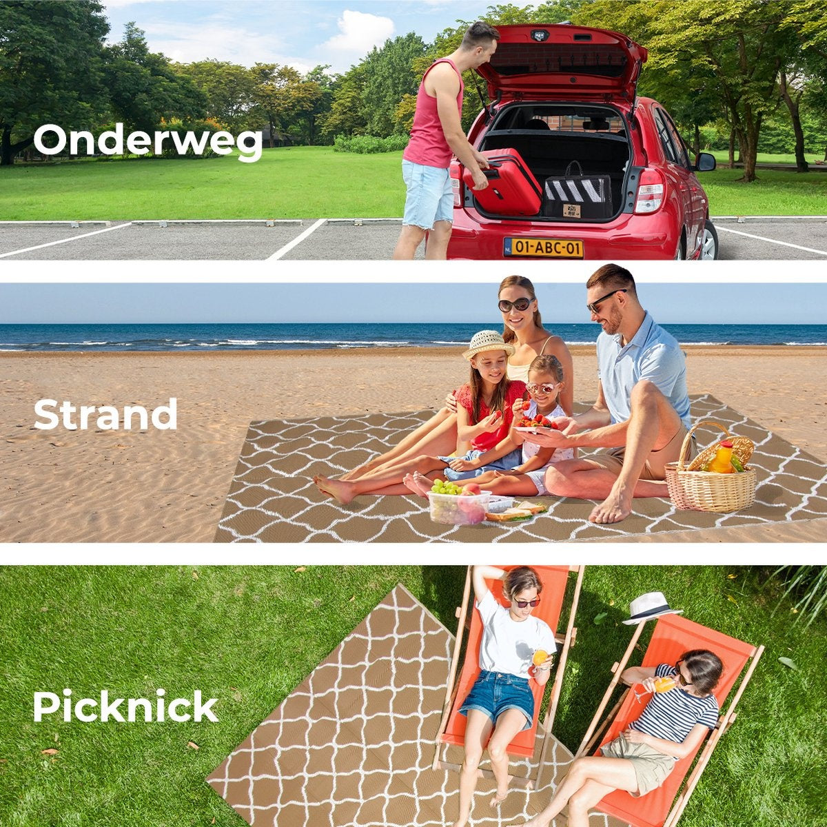 LifeGoods Outdoor-Teppich - 120x180CM - Gartenteppich - Reversibel - Inkl. Tragetasche - Mit Muster - Beige/Weiß