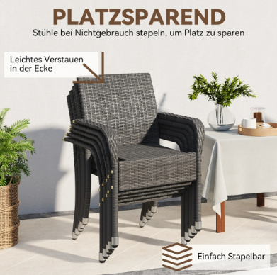 Yaheetech Rattan-Gartenstühle, 2er-Set – Grau – 58 x 58 x 84 cm – stapelbar, mit Armlehnen