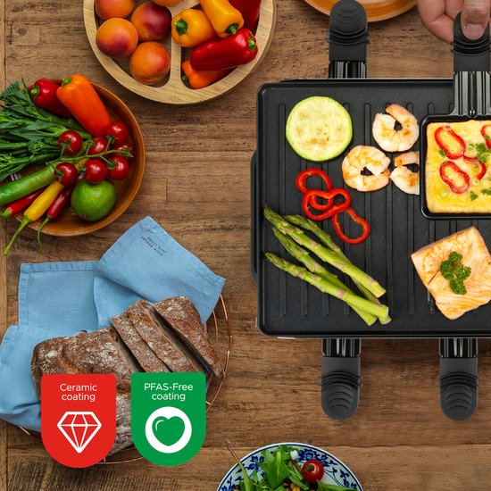 Bourgini Gourmet Raclette Pure - Gourmet-Set mit wendbarer Grill- und Backplatte - Raclette 8 Personen - 21x42 cm - PFAS-freie Beschichtung - Einstellbarer Thermostat - inkl. 8 Spachteln und Pfännchen