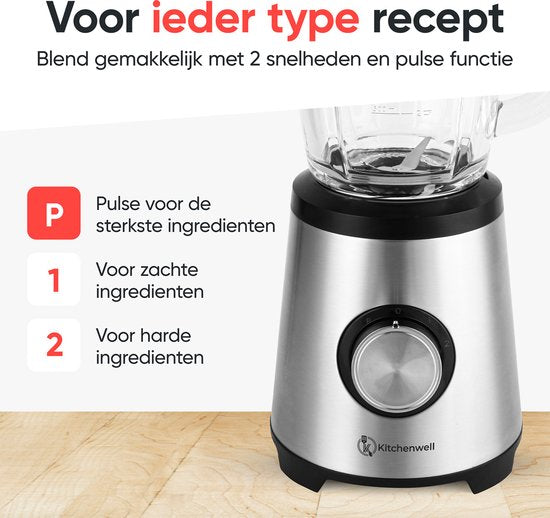 Kitchenwell Mixer - 1300 Watt - Smoothie Mixer - Mit To-Go Cup - 1,75 Liter - Glaskrug - 3 Ständer - Edelstahl - Grau