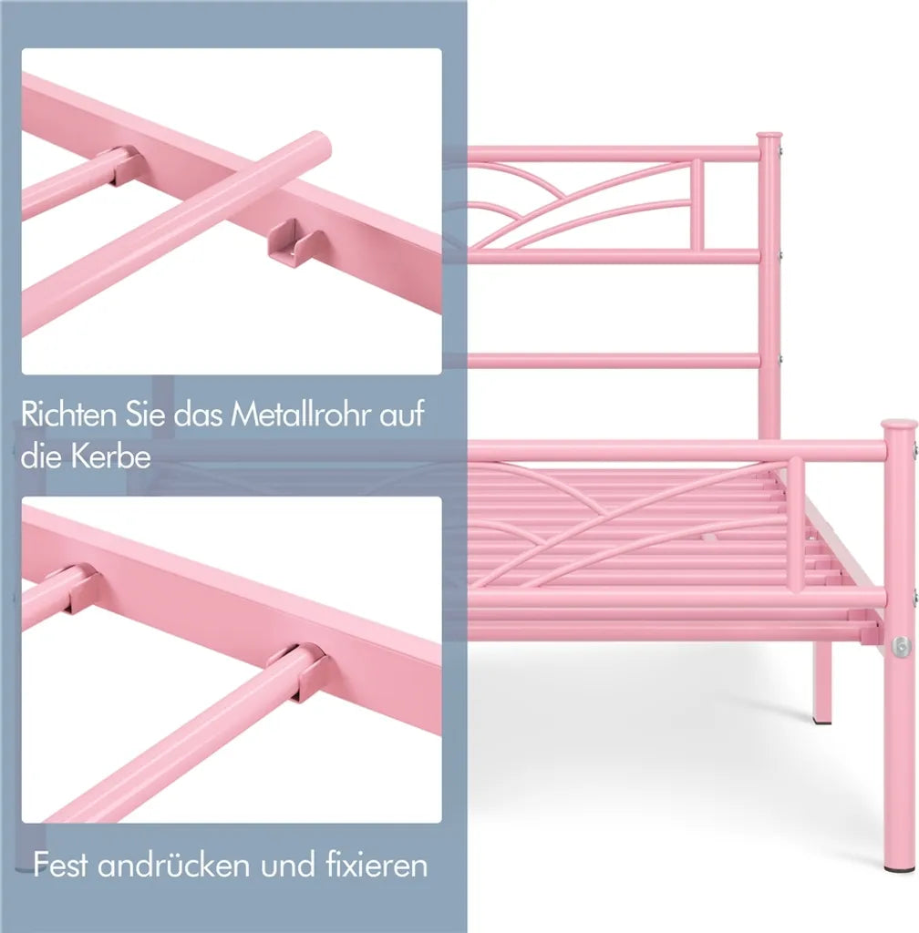 Yaheetech Metall-Bettgestell 90 x 190 cm – Hellrosa – Einzelbett mit Kopfteil im Wolkenmuster