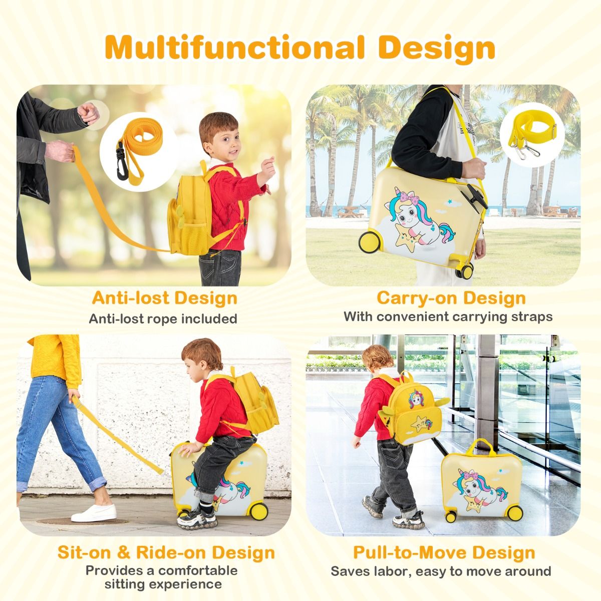 Coast Kinderkoffer- und Rucksack-Set – Ride-on-Koffer mit Rädern – Rucksack mit niedlichem Bienenmotiv – Gelb