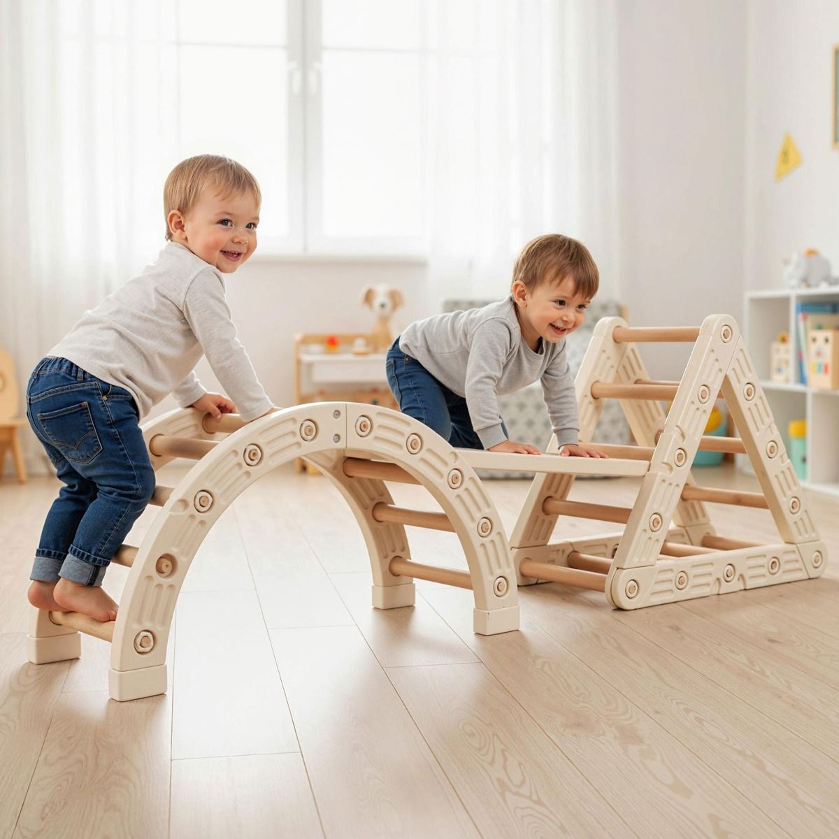 Coast Montessori Klettergerüst für Kinder – 5-in-1-Klettergerüst aus Holz mit Bogen und doppelseitiger Leiter – beige und kaffeefarben
