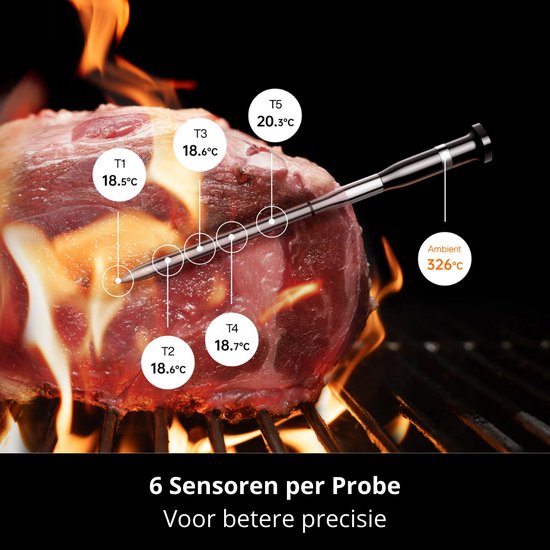 Typhur Sync One – 6-Sensor-Sonde – Drahtloses Fleischthermometer – Grillthermometer – Bluetooth & WLAN - Wasserdicht und hitzebeständig - Batterielaufzeit bis zu 50 Stunden - Intelligente App-Integration - Kompakt mit Ladestation - Für jeden Kochstil
