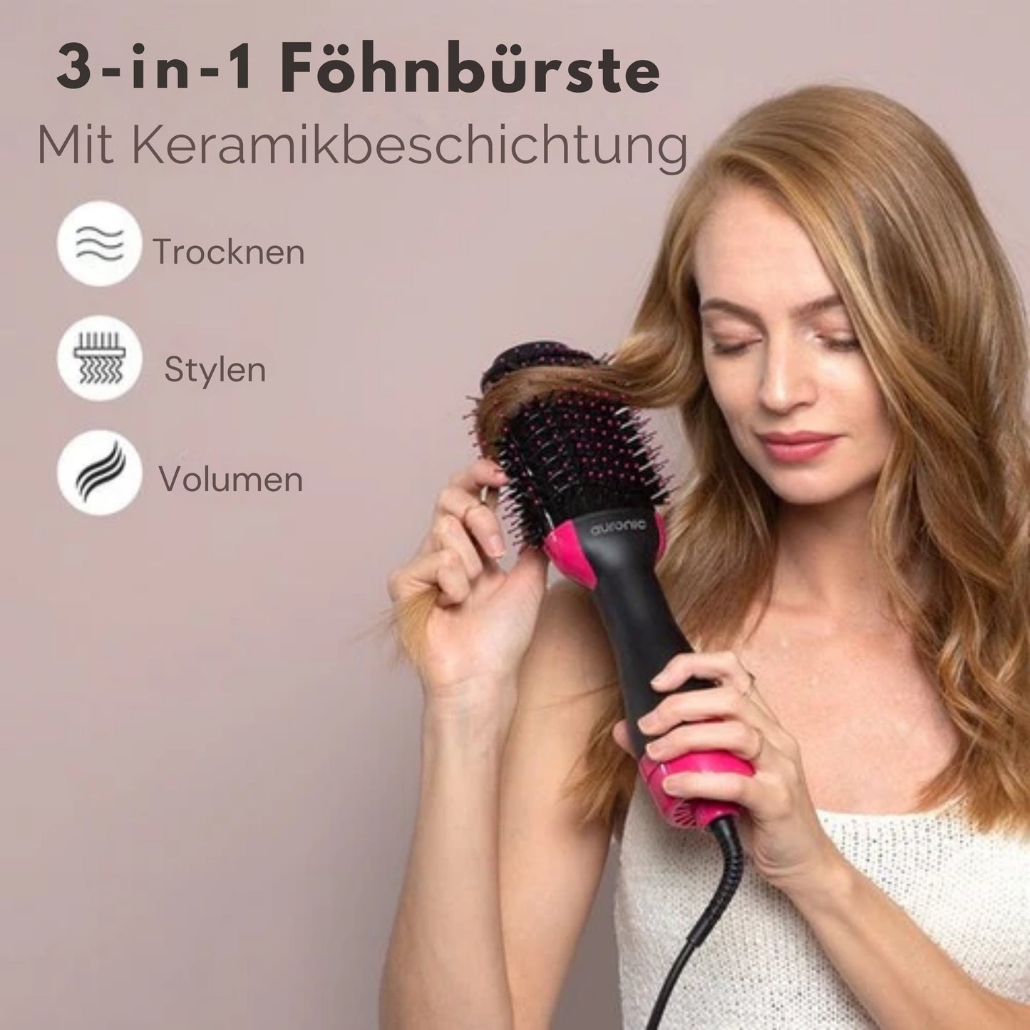 Auronic 3-in-1 Haartrocknerbürste - Rund - Lang/Kurz/Style/Locken - Schwarz/Pink