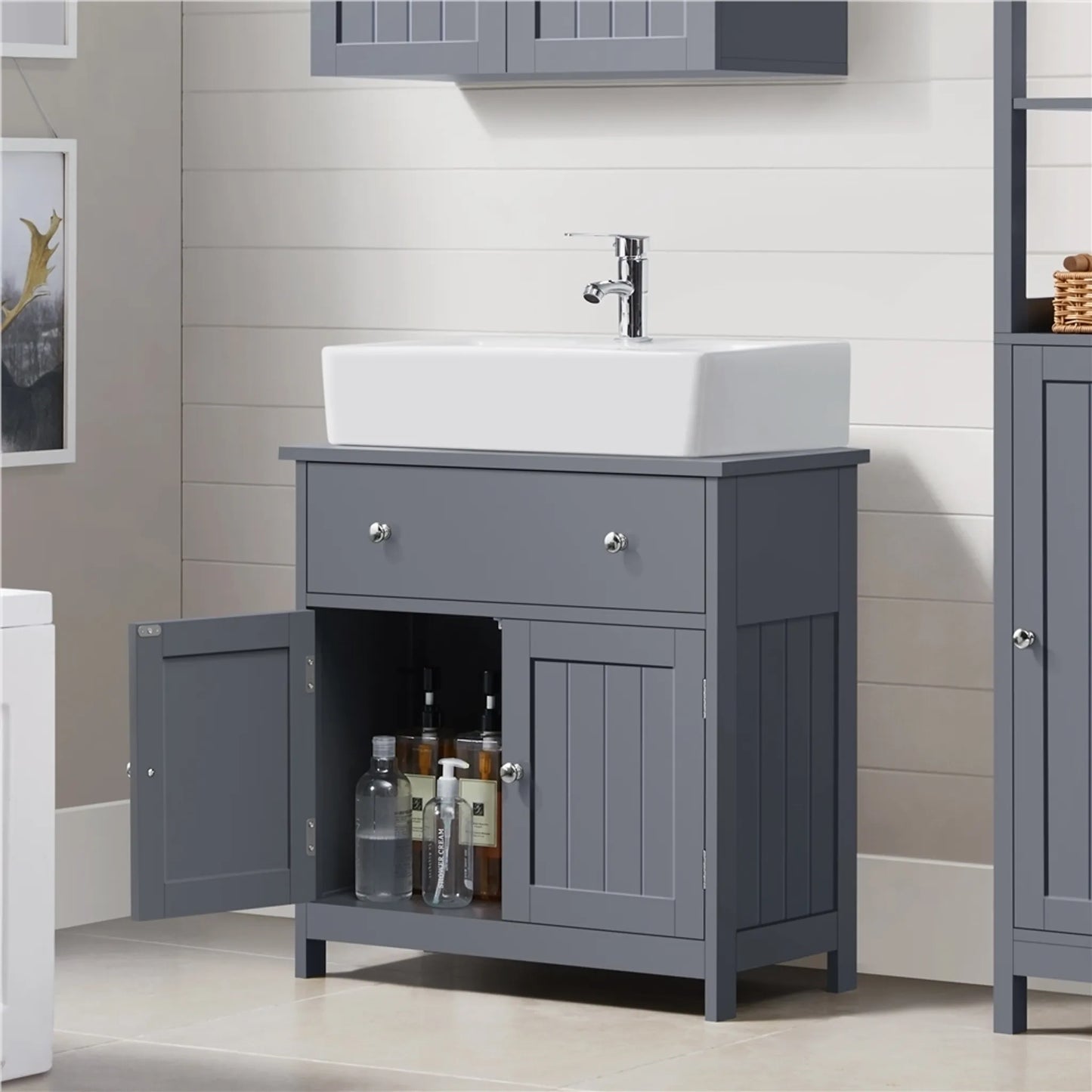 Yaheetech Unterschrank mit Schublade und zwei Fächern - Ausgestattet mit Siphonausschnitt und wasserabweisender Beschichtung und Metallbeschlägen - Für Badezimmer im Landhausstil - Dunkelgraues Mdf und Metall - 60 x 30 x 60 cm