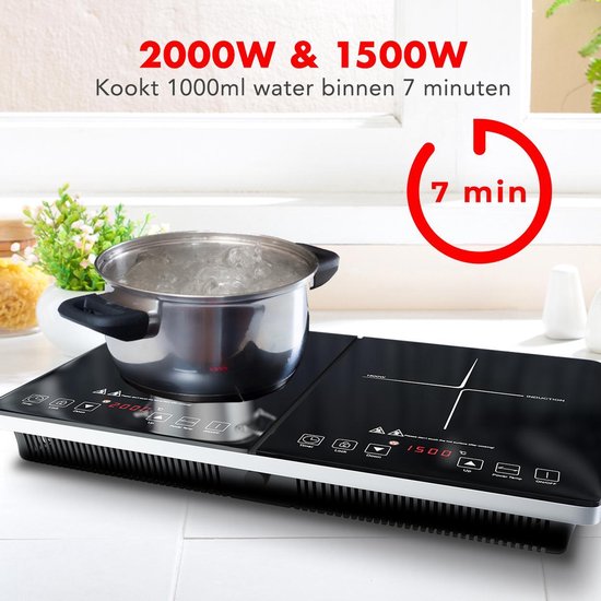 KitchenBrothers Induktionskochfeld - 2 Brenner - Freistehend - 1500W + 2000W - Edelstahl