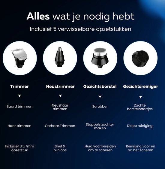 Beeperfect® 5-in-1 Rasierer Männer - Trimmer - Schnurlose Nass- und Trockenrasur - Elektrischer Rasierer - Bartschneider - 5 Aufsätze