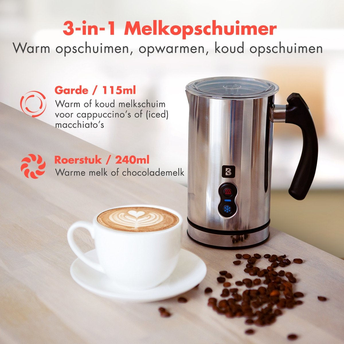 KitchenBrothers Elektrischer Milchaufschäumer - 240 ML - Edelstahl/Schwarz