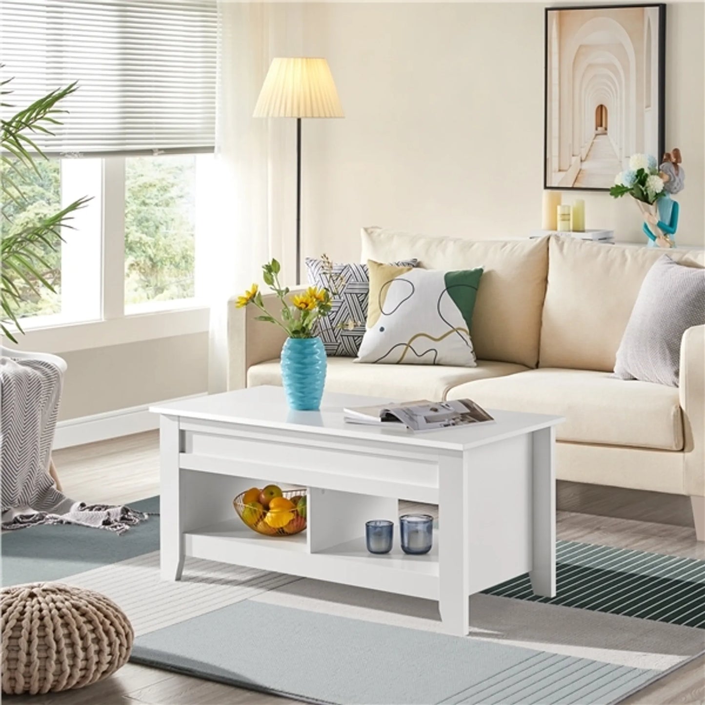 Yaheetech Couchtisch mit Lift-Top-Funktion - Mit versteckter Lagerung und zwei offenen Regalen und Federmechanismus - Für Wohnzimmer und kleine Räume - Weiß Mdf und Metall - 104,5 x 49,5 x 49-61,5 cm