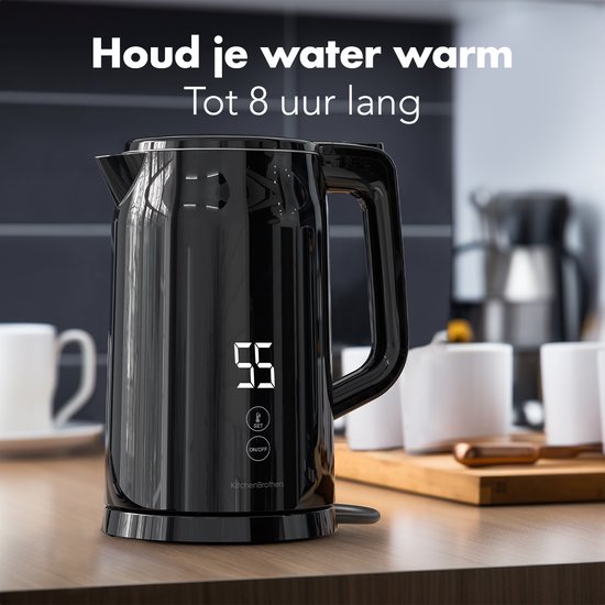KitchenBrothers - Wasserkocher - Mit Temperaturregelung - Elektrisch - Kalkfilter - Warmhaltefunktion - Display - 1,7L - 2200W - Schwarz