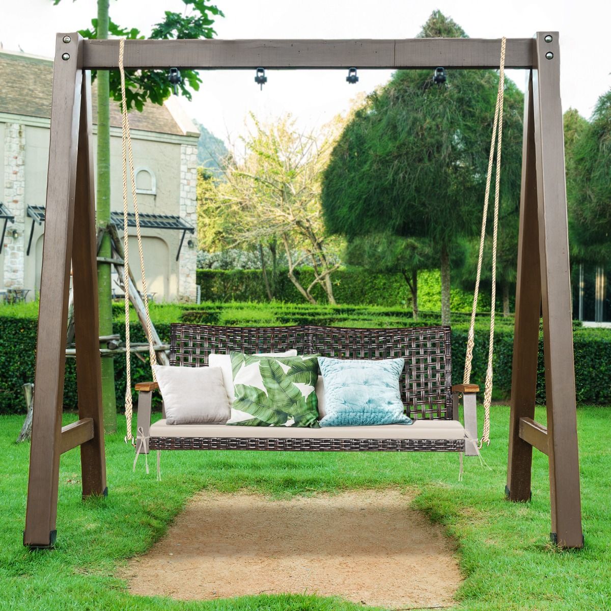 Coast 2-Sitzer Schaukelbank PE-Rotan mit Kissen 131x68x54 cm Beige - Hängeschaukel mit Armlehnen aus Akazienholz