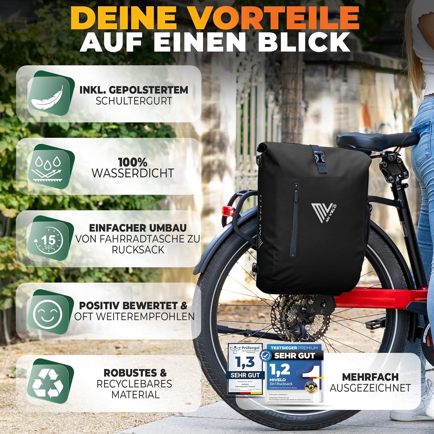 MIVELO - 3-in-1 wasserdichte Fahrradtasche - Rucksack und Umhängetasche - inkl. Laptopfach - 20L - Schwarz