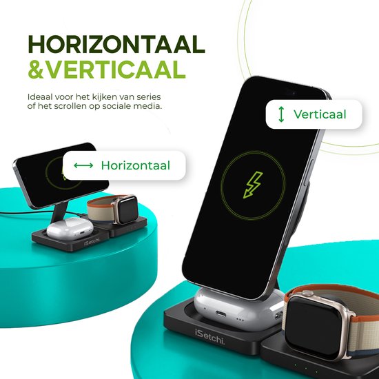 iSetchi 3-in-1 Power Base - kabelloses Ladegerät 15 W - faltbar & leicht - Qi-Ladestation - inkl. Kabel - kompatibel mit Smartphone, Smartwatch & Kopfhörern