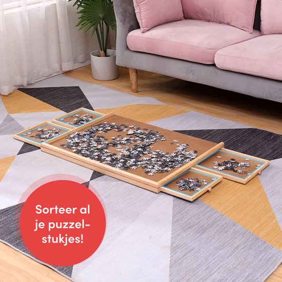Diydash Puzzlebrett & Puzzletisch - 1000 Teile - 83 x 64 cm - Mit 4 Sortierschubladen & Aufbewahrungssystem - Holz - Braun