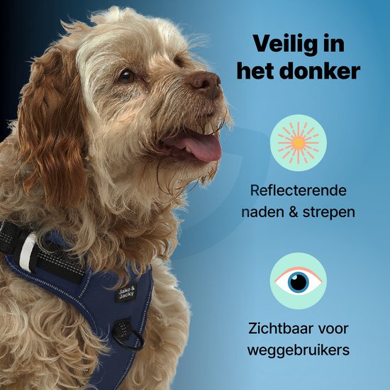 Jake und Jacky Hundegeschirr - Anti-Zieh-Geschirr - Hundegeschirr - Y-Geschirr Hund - Reflektierend - Blau - Größe M
