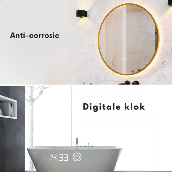 Mirlux Badezimmerspiegel mit LED-Beleuchtung & Heizung - Wandspiegel rund - Anti-Kondensations-Duschspiegel - Goldrahmen - 80CM