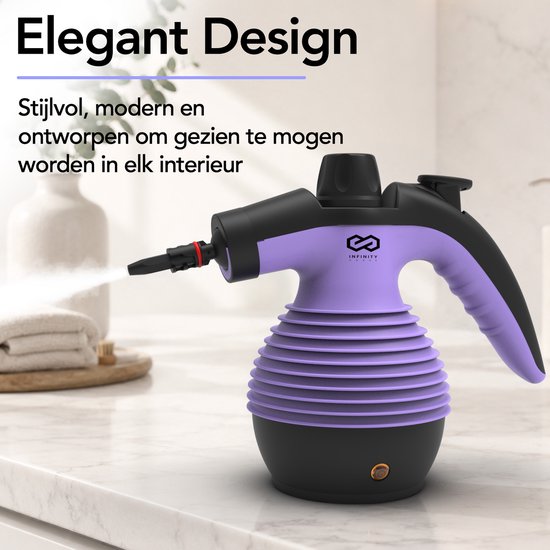 Infinity Goods Dampfreiniger – 12-in-1-Handdampfreiniger – Handdampfreiniger – Fleckenentferner – Teppichreiniger – 10 Aufsätze – 1050 Watt – 3,2 bar – Lila