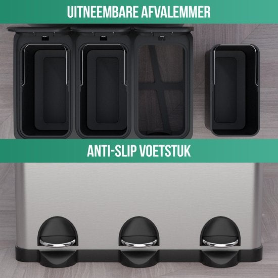 Avalo Mülleimer Abfalltrennung 60 Liter - Edelstahl Silber - 3 Fächer - Umweltbewusst, Hygienisch & Fingerabdruckfrei - Treteimer / Mülleimer