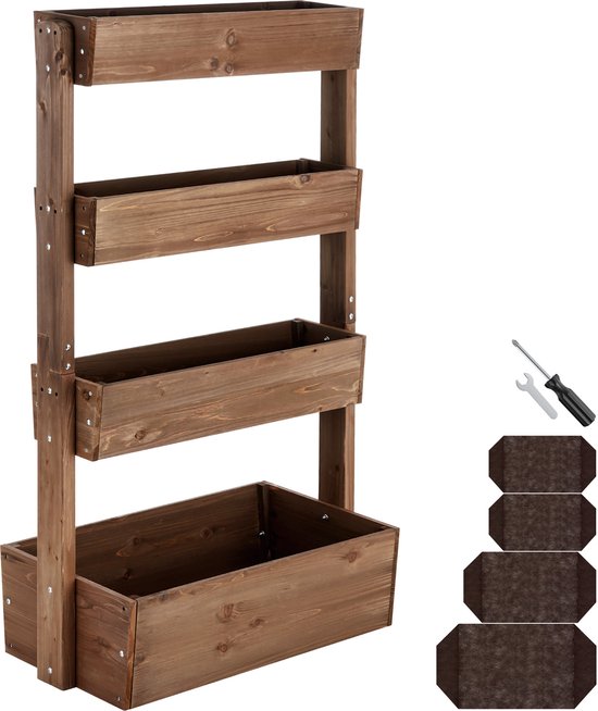 tectake® Vertical Garden Flora - Mit 4 Pflanzgefäßen für Blumen, Kräuter oder Gemüse - Braun - 85 x 45 x 140 cm - Gärtner für den Nutzgarten - Kippbare Blumenkästen aus lackierter Kiefer - Inklusive Vlies/Wurzeltuch - Wetterfest und stabil