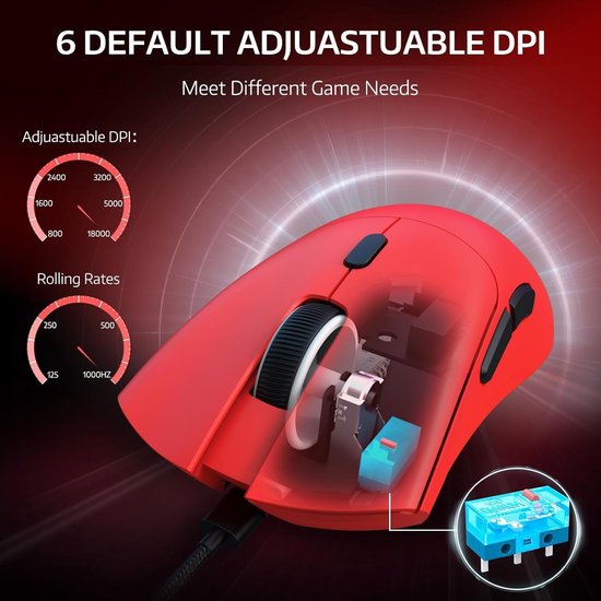 ATTACK SHARK R1 Superlight Gaming Mouse 59g - Rot - 12,2 × 6,4 × 3,8 cm - Kabellos & kabelgebunden - Bis zu 18.000 DPI - 65 Stunden Batterielaufzeit