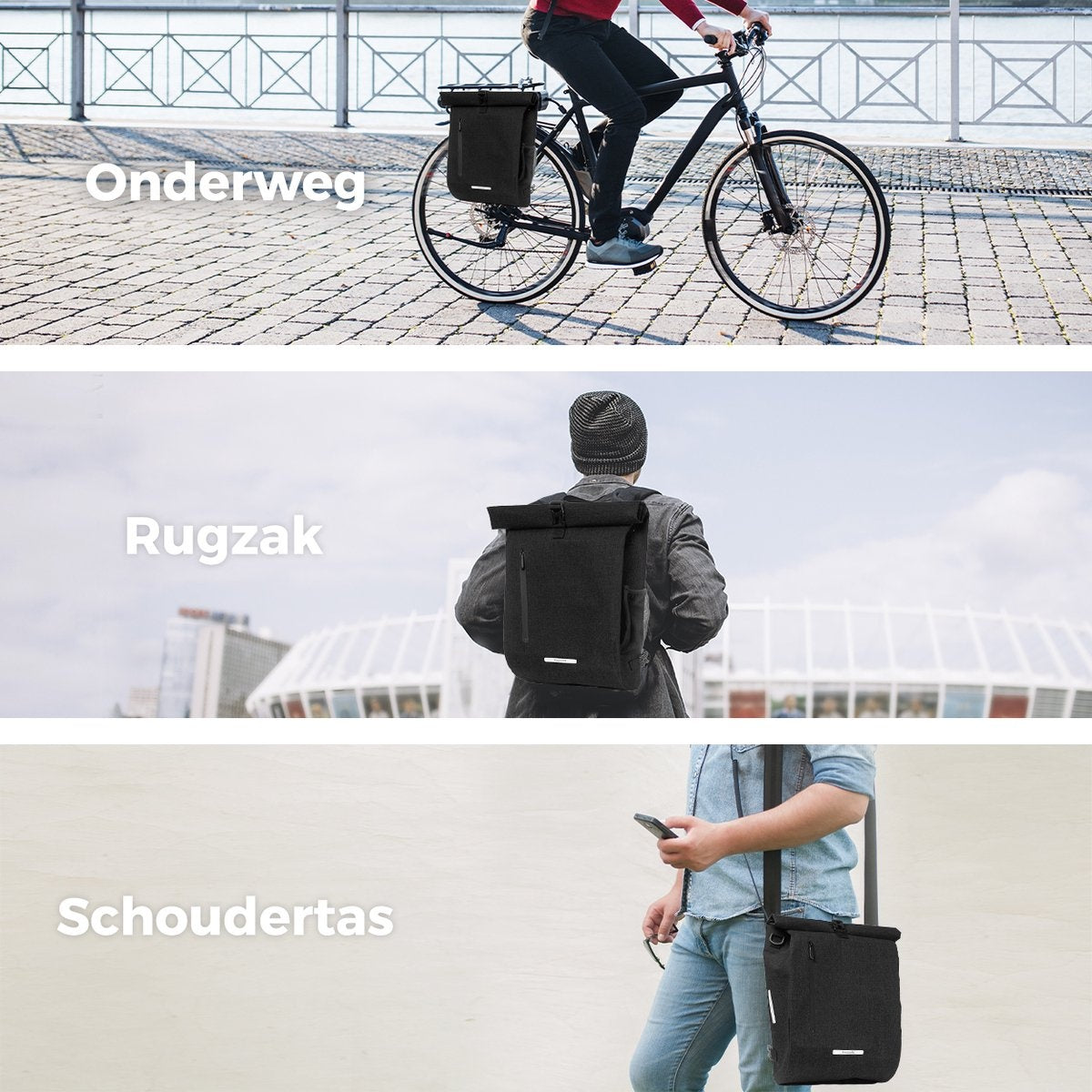 LifeGoods Single Bicycle Bag - Kompakt - Umhängetasche und Rucksack - 25L - Runder Gepäckträger - Wasserdicht - Schwarz