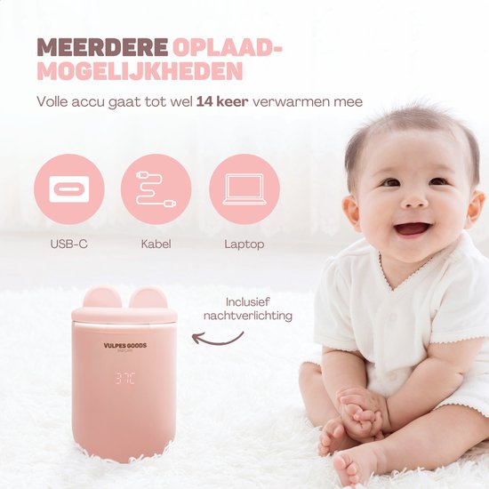 Vulpes Goods® BabyCare Flaschenwärmer On the Go Pro Max - Tragbarer Babyflaschenwärmer - Intelligenter Flaschenwärmer - 4 Temperaturstufen - Kabellos - Rosa