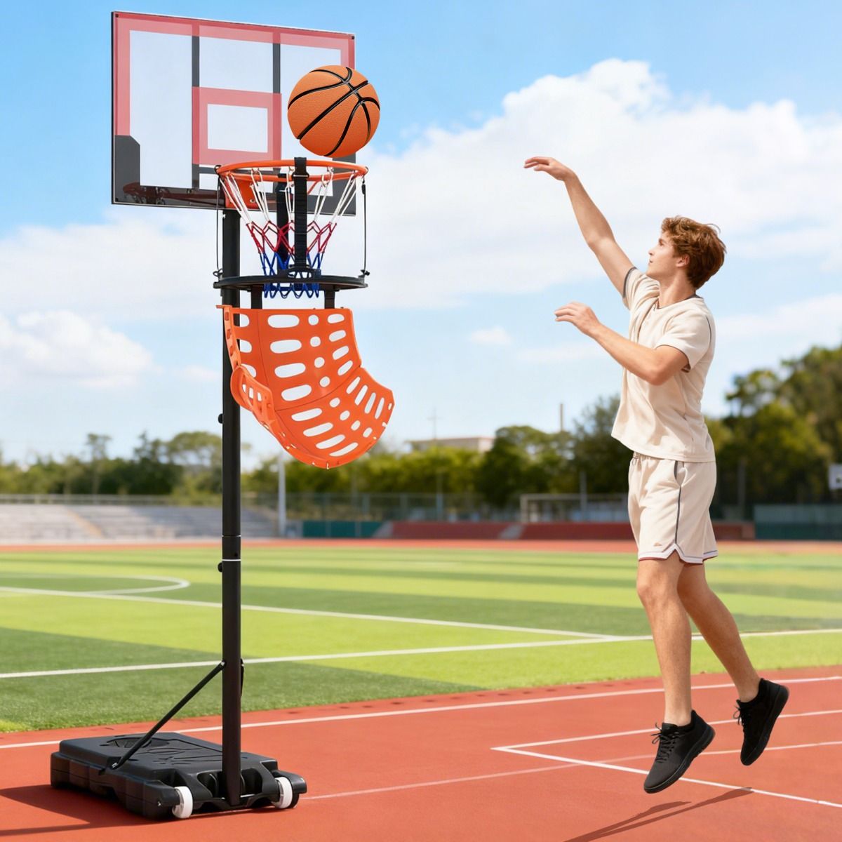 Coast Basketball-Rebounder – um 360 Grad drehbar – einstellbare Rückprallkraft – schwarz und orange