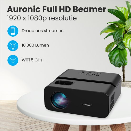 Auronic Beamer 10.000 Lumen – 1080p Full HD – Streaming vom Smartphone – WLAN – Smart-Mini-Projektor – HDMI-Kabel – Fernbedienung – Schwarz