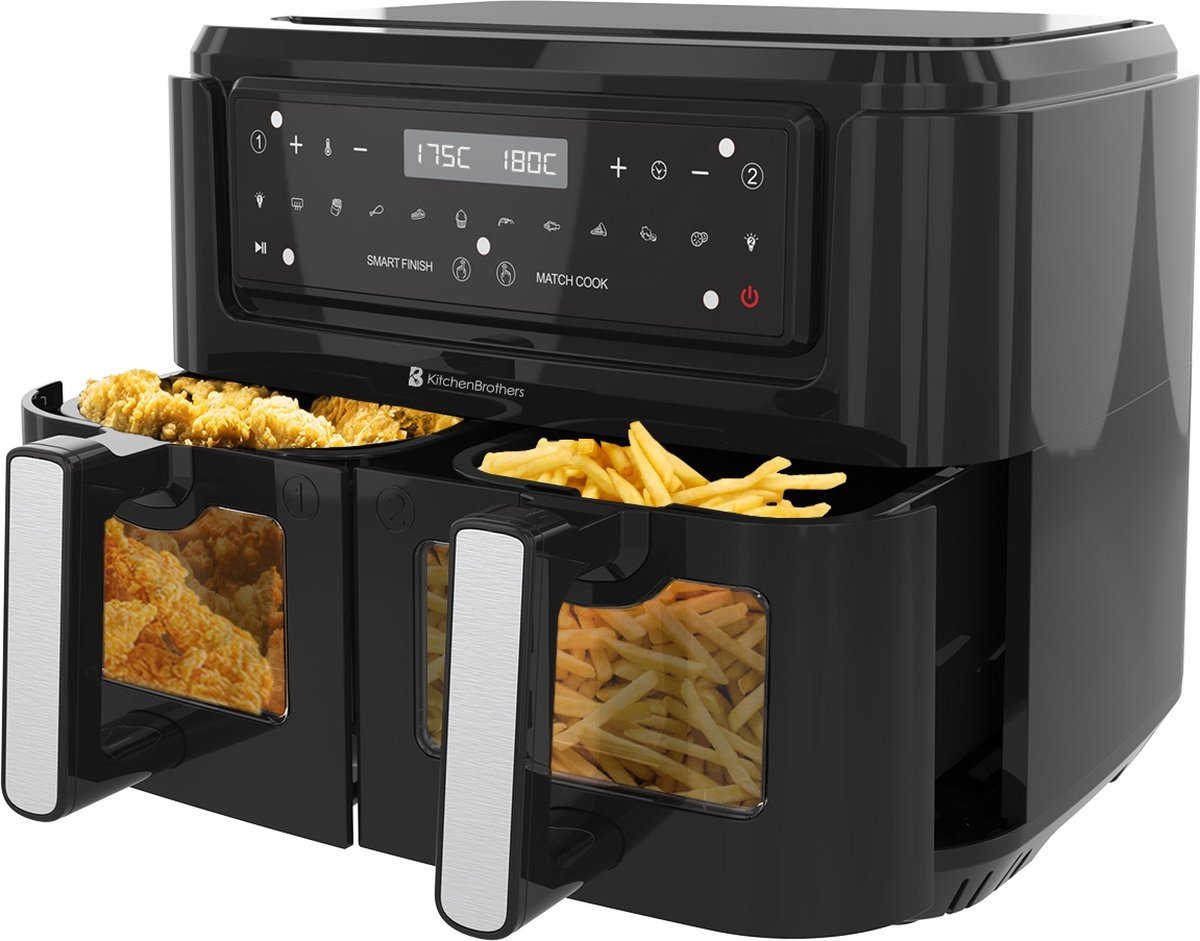 KitchenBrothers - Airfryer XXL - 9L - Heißluftfritteuse - 2 x 4.5L - 2400W - Schwarz