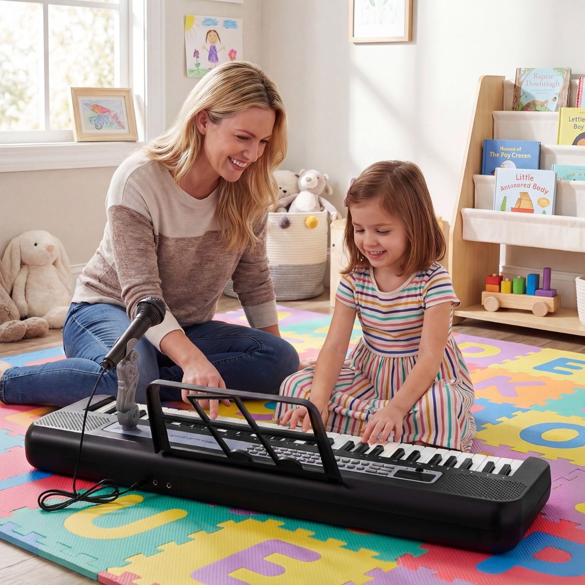 Coast Kinderkeyboard – 61 Tasten – verstellbarer Ständer – mit Mikrofon und Notenständer – schwarz/rot