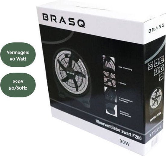 BRASQ Bodenventilator - 50 cm - Schwarz - 3 Geschwindigkeiten - Standventilator - Einstellbar - 90 Watt