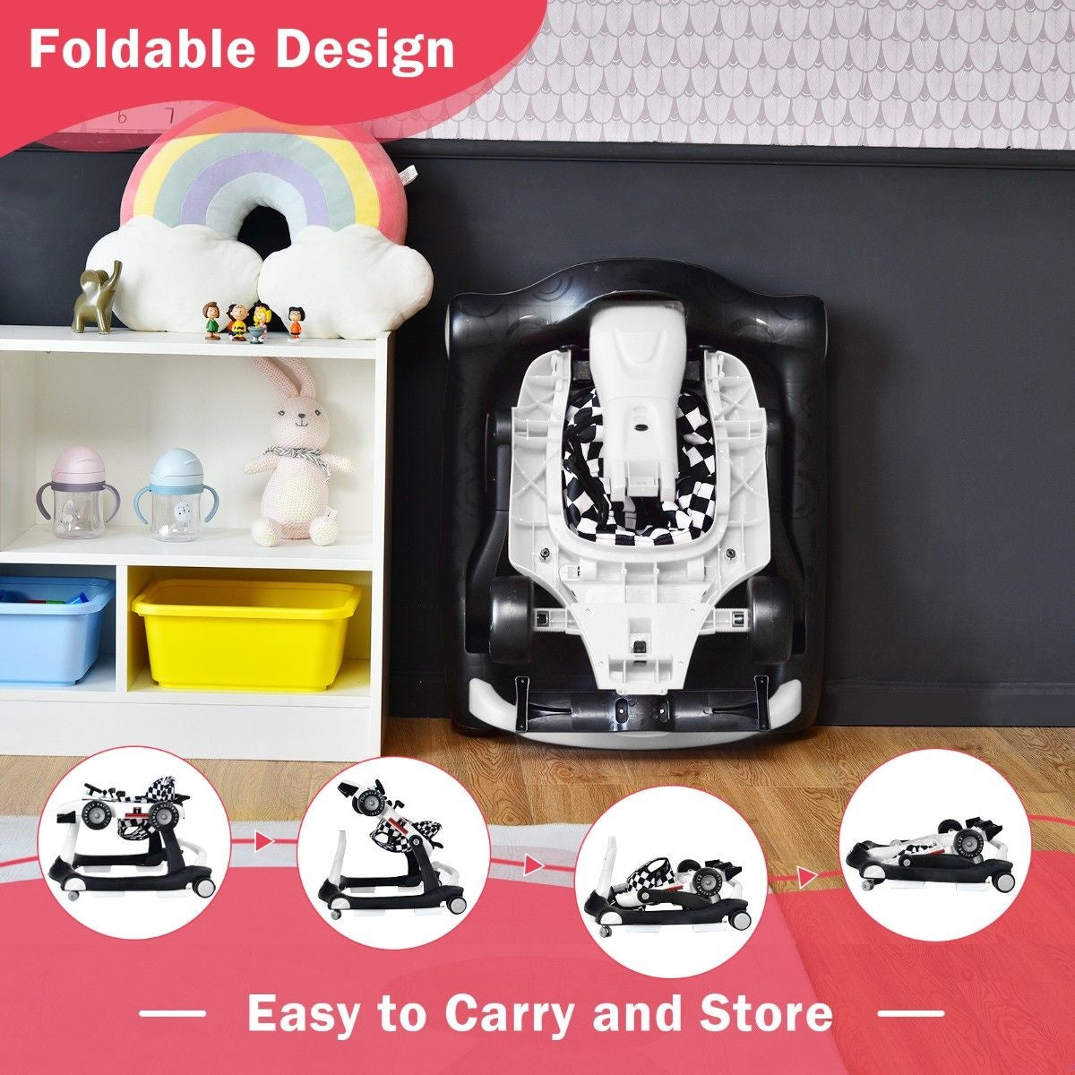 Coast 4-in-1-Kinderwagen - Mit verstellbarer Höhe und Geschwindigkeit Babywagen - Mit Anti-Rutsch-Pads - Zusammenklappbarer Lauflernwagen - Schwarz/Weiß
