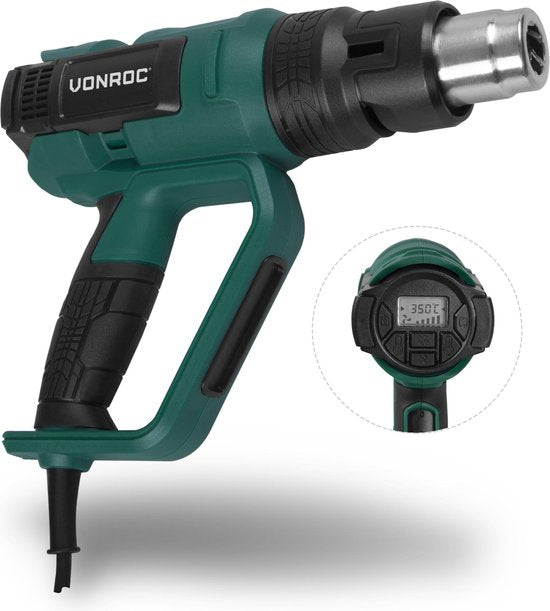 VONROC PRO Heißluftgebläse - 2000W - LCD-Anzeige - 650°C - 500L/min - Inkl.