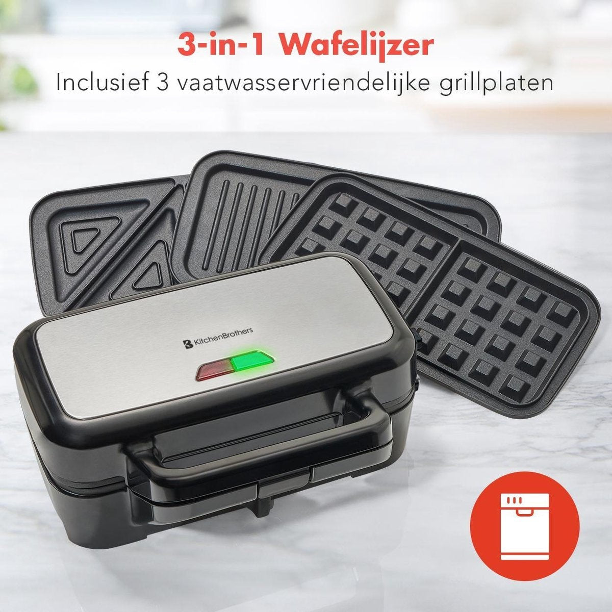 KitchenBrothers 3-in-1 Waffeleisen - Toaster - Kontaktgrill - austauschbare Platten - rostfreier Stahl