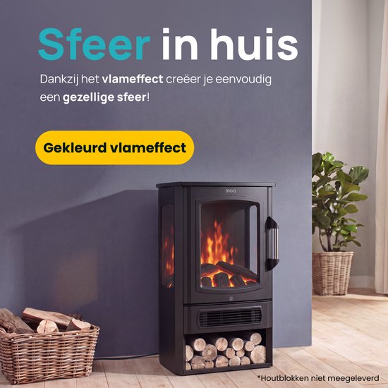 MOA Elektrischer Dekokamin – mit App – Kamin mit Heizfunktion – 2000 W – freistehender Kamin – offener Kamin – realistische LED-Kaminbeleuchtung – schwarz