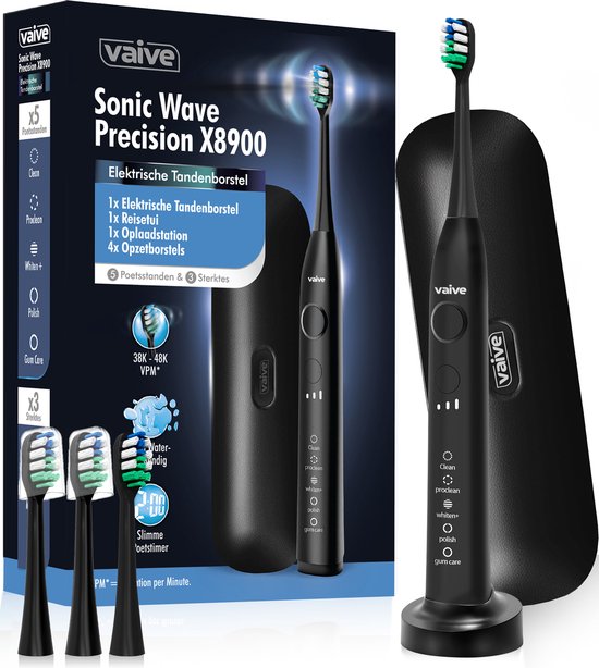 Vaive Sonic Wave Precision X8900 Elektrische Zahnbürste - 48000 VPM - 5 Modi, 3 Stufen - 4 Bürstenköpfe & Reiseetui